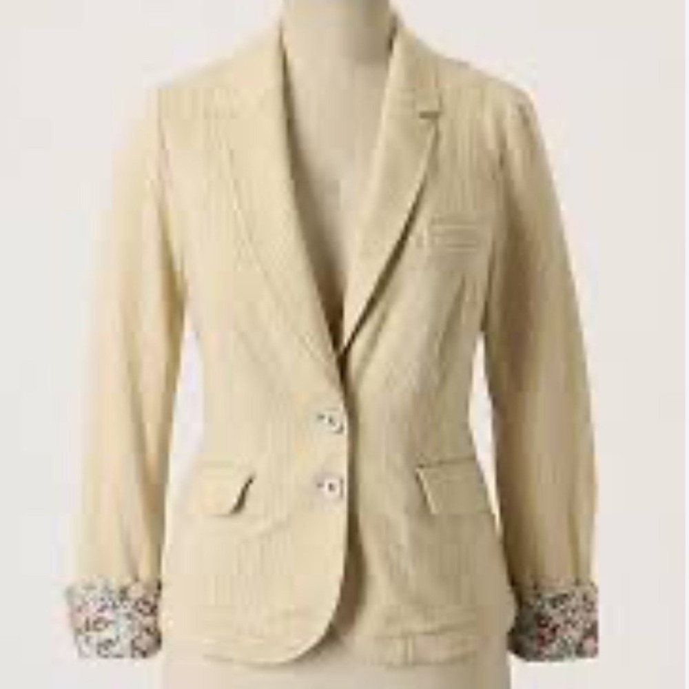 Allihop Anthropologie Tan White Striped Corduroy Blazer Floral Cuff Size M 2085